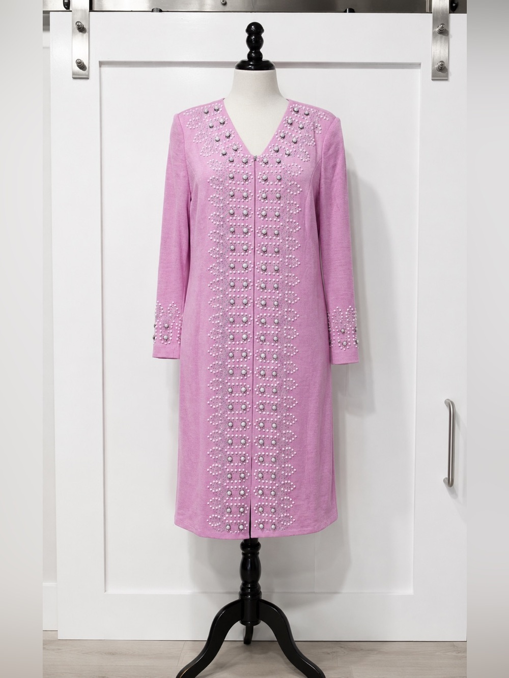 Donna Vinci Knits Pink Embellished Pearl Rhinestone Zip Dress Jacket Size 8